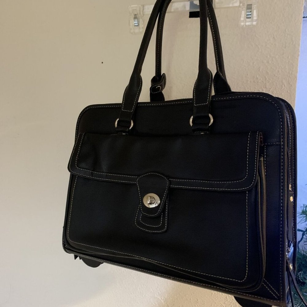 Samsonite Leather Rolling Briefcase Suitcase Carry Travel Office Black Laptop